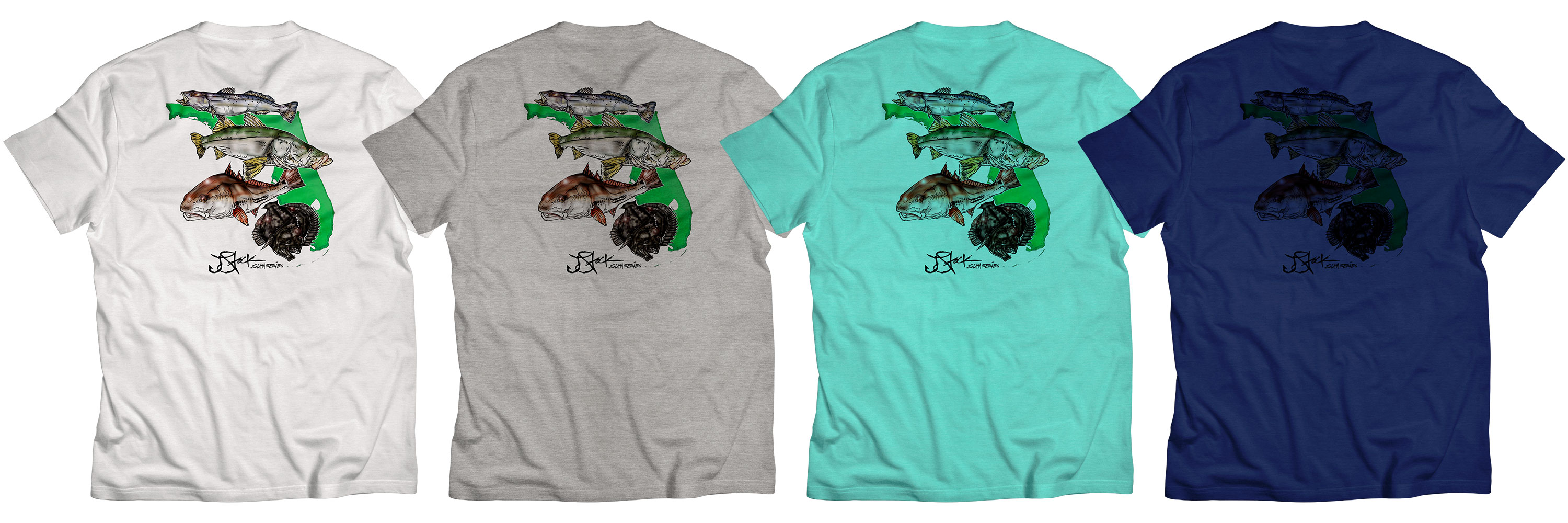 A range of cotton t-shirt colors with the same design printed, to demonstrate how garment color affects design when printing via the DTG process.