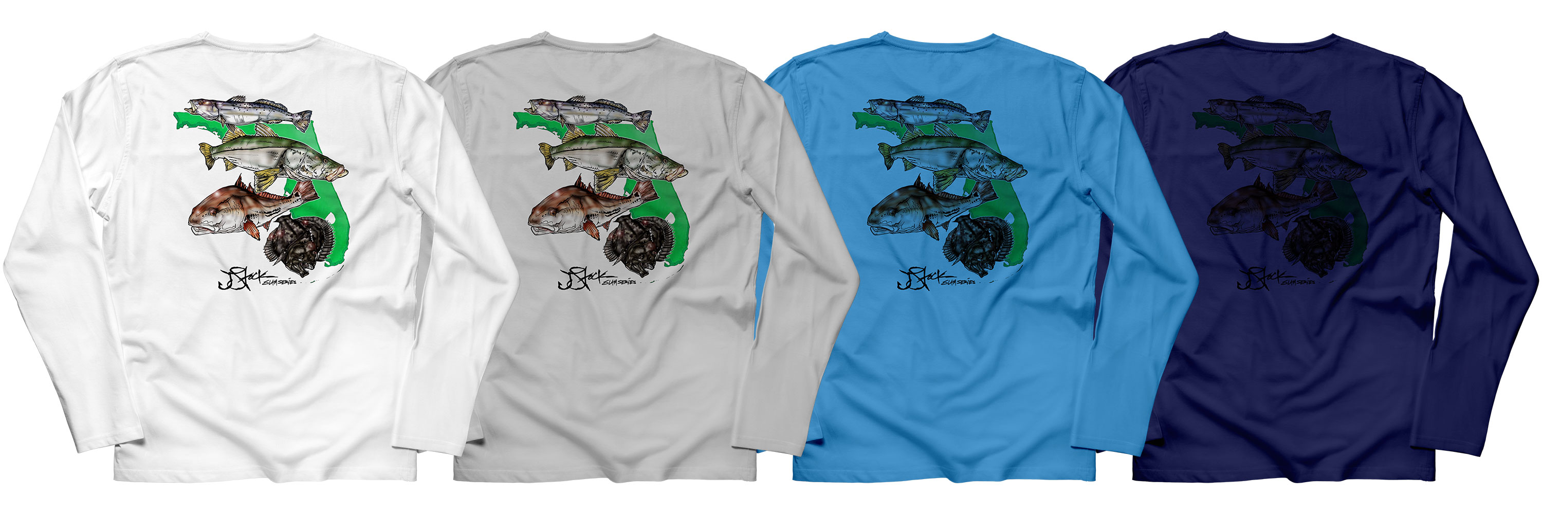 A range of performance shirt colors with the same design printed, to demonstrate how garment color affects design when printing via sublimation.
